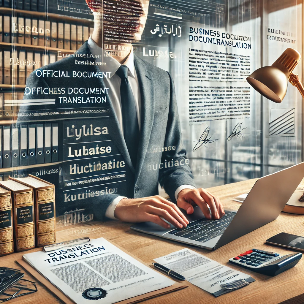 DALL·E 2024-11-15 21.48.20 - A professional setting representing business document translation, featuring a translator working at a desk with official business documents, contract