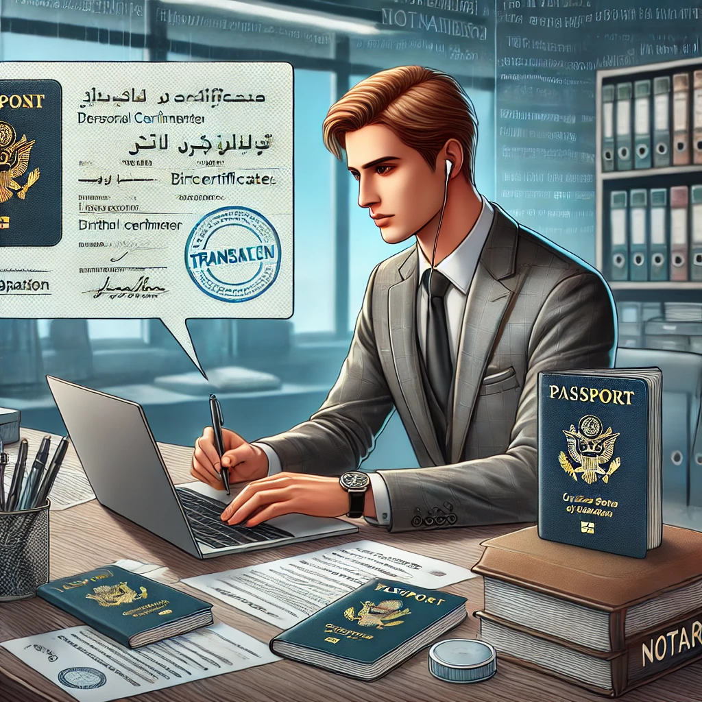 DALL·E 2024-11-15 22.09.25 - A professional scene representing the translation of personal documents, featuring a translator working at a desk with passports, birth certificates,